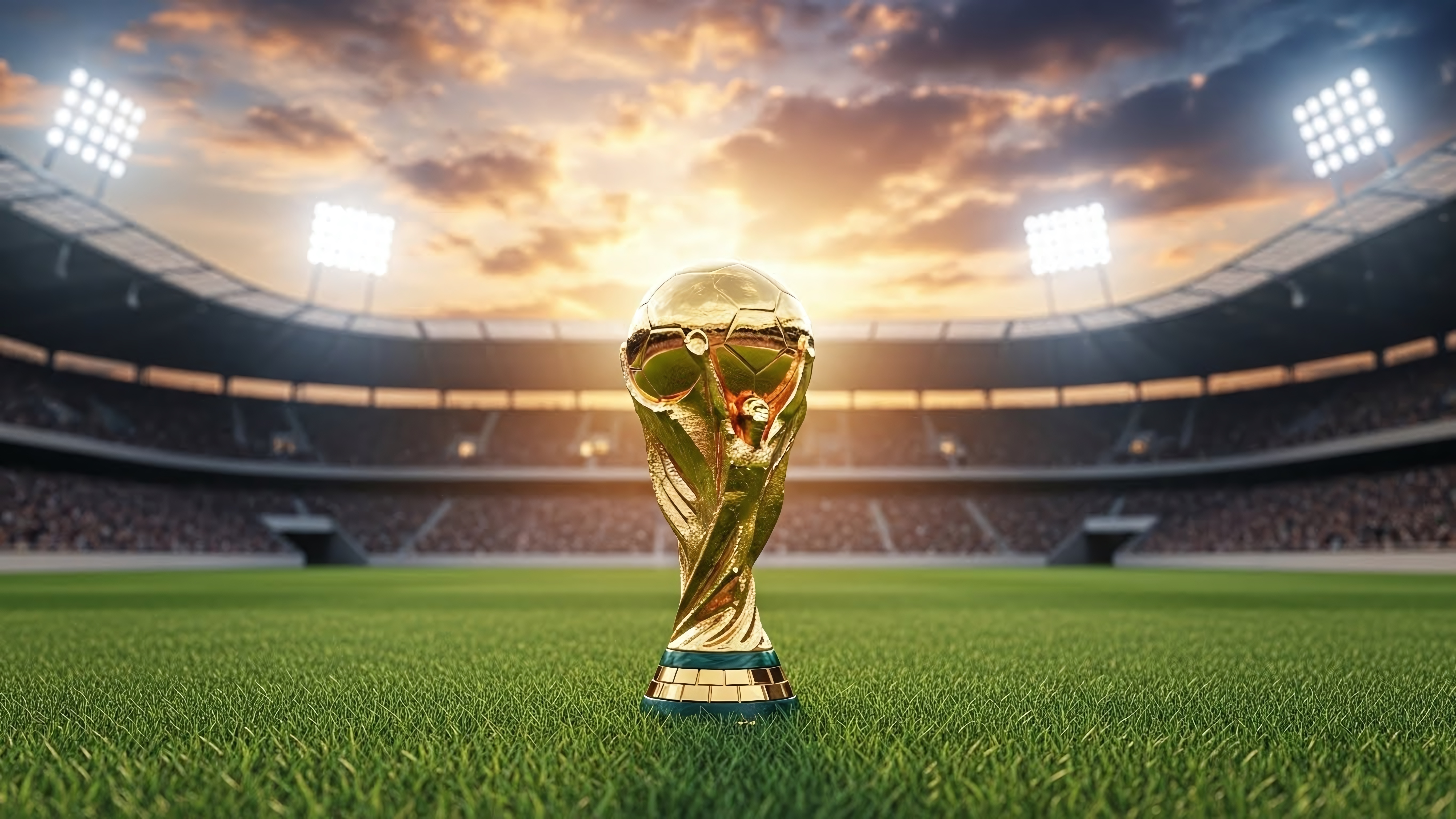 Glowing, gold, FIFA World Cup Trophy on pitch with stadium in background.